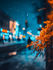 Obraz premium Orange plant in city at night with snow