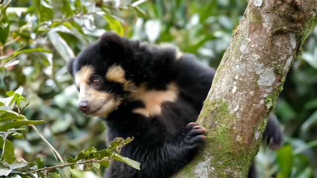 A charming, juvenile spectacled bear perches on a tree trunk, its distinctive markings clearly visible. The andean bear's natural habitat is showcased.