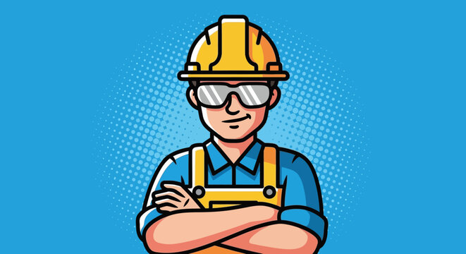 Confident construction worker, arms crossed, wearing safety gear, illustrated in a retro style.