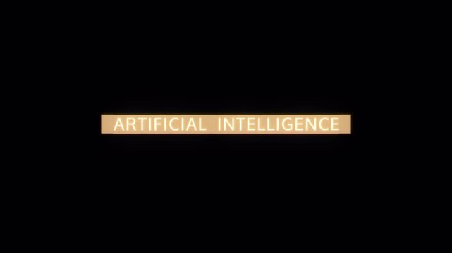 Animation text of Artificial Intelligence glow gold glitch text effect cinematic title on black abstract backgroud. Element for Isolated alpha channel using Quick time prores 444 