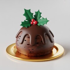 Fototapeta premium Rich chocolate christmas pudding decorated with holly and berries