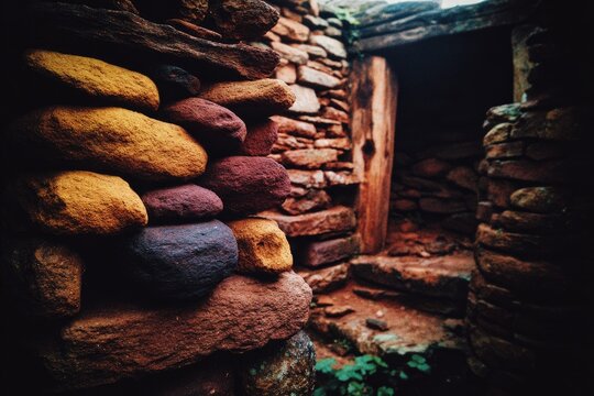 Stone walls with colored stones, narrow passageway - Powered by Adobe