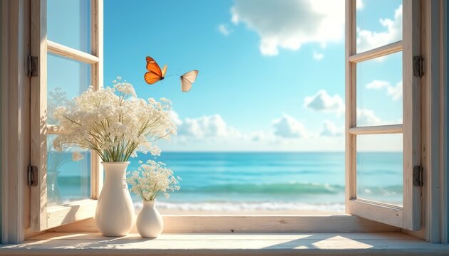 Open window frames serene beach scene with butterflies fluttering near vases of white flowers. Blue sky and ocean create tranquil backdrop, suggesting peaceful summer day and connection with nature.