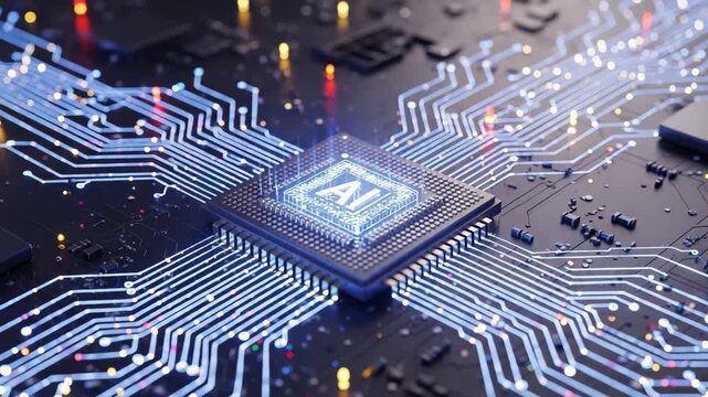 Cutting-edge artificial intelligence CPU with glowing circuits in action for tech innovation