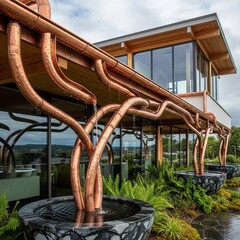 Copper rain chain gutter system installation modern home exterior drainage solution idea