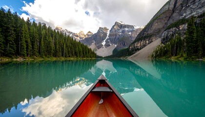 Calm lake, mountain reflection, canoe view