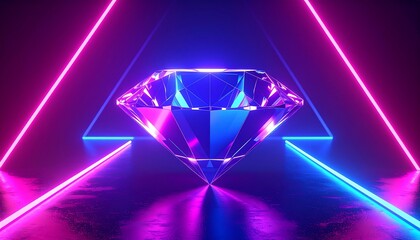 A stunning, large diamond centerpiece is highlighted by vibrant neon lights forming triangular shapes, creating a captivating visual display.