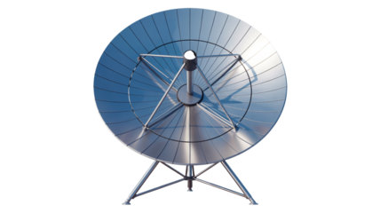 Large satellite dish antenna with a metallic silver surface and a complex support structure isolated on a transparent background