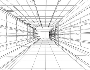 Architectural drawing of a grocery store aisle