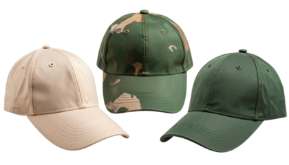 baseball cap and military textile headwear fashion objects isolated on transparent background