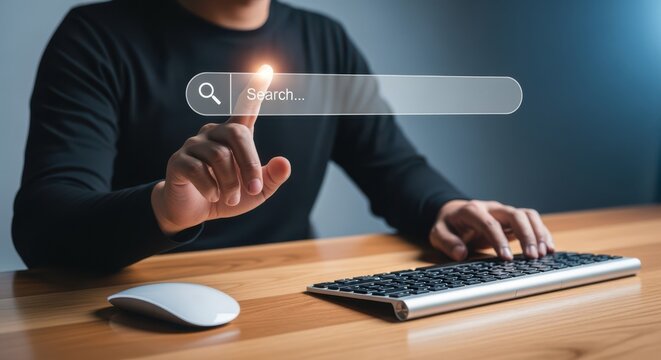 Search concept with person using virtual search bar on computer.