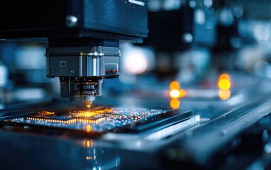 Close-up of automated circuit board assembly machine.  Focused on a machine head precisely placing components.  Brightly lit circuit board glows with heat.  Blurred background of industrial equipment