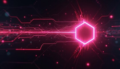Neon pink hexagon glows with digital data stream flowing forward. Abstract circuit pathways create futuristic motion, speed. Binary code, electric hex streams create cybernetic ascent on dark