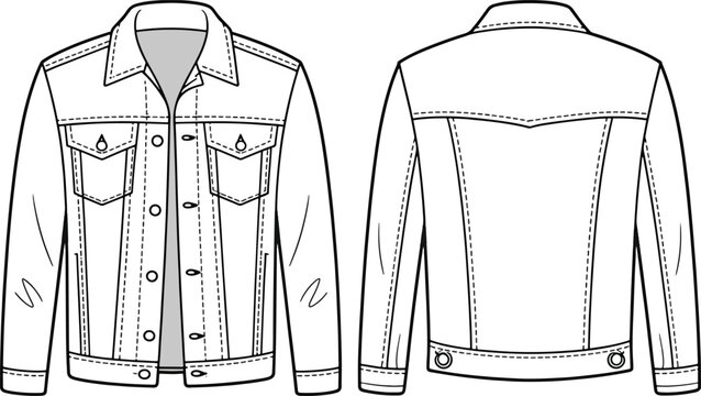 denim jacket Front and back fashion sketch of a classic denim jacket