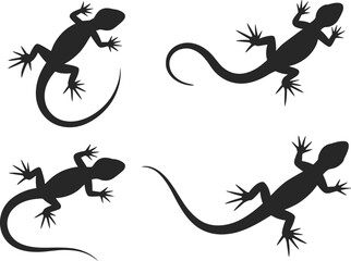 Black gecko lizard silhouette set, reptile vector design collection, wild animal shapes, exotic species icons, crawling lizard illustrations, nature wildlife symbols, tropical reptile art elements