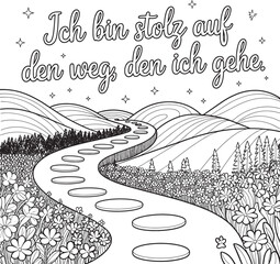 Depict a winding path or stepping stones flowing through a natural landscape hills forests flowers stars pride in one s journey