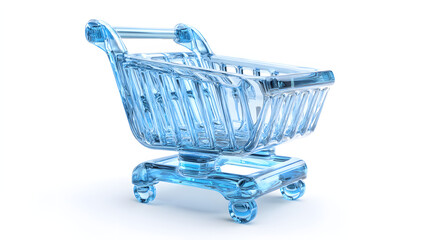 3D glossy blue shopping cart icon, transparent glass material, futuristic e-commerce symbol, minimal clean design, floating on white background, high resolution render, realistic reflections and light