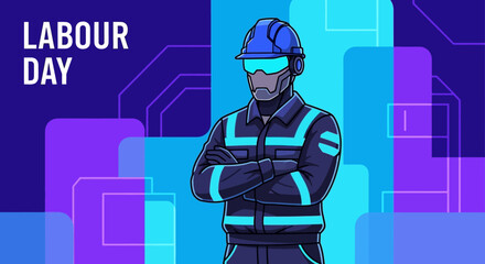 A stylized illustration of a futuristic worker celebrating Labour Day, arms crossed.