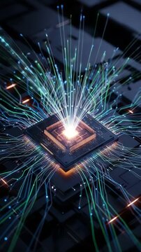 Dynamic glowing CPU chip pulsating with light and energy, showing powerful processing