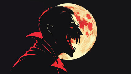 Bloody Moon Demon: Silhouette of a Spooky Monster with Red Eyes