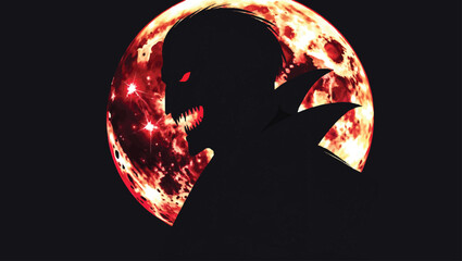 Bloody Moon Demon: Silhouette of a Spooky Monster with Red Eyes