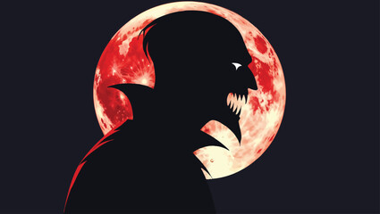 Bloody Moon Demon: Silhouette of a Spooky Monster with Red Eyes