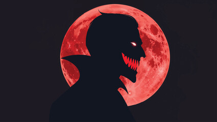 Bloody Moon Demon: Silhouette of a Spooky Monster with Red Eyes