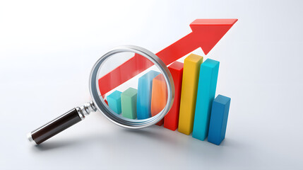 3D business analytics icon, magnifying glass with colorful bar chart inside, red upward arrow symbolizing growth, glossy minimal design, modern cartoon style, isolated on white background, profession