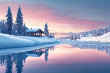 Tranquil winter landscape with snow-covered trees, frozen lake, and cozy cabin emitting warm glow, serene magical wonderland atmosphere, peaceful countryside background with charming seasonal nature