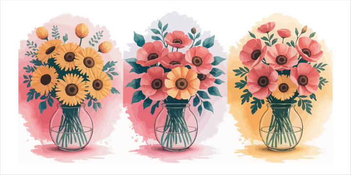 Art of watercolor flower bouquets in vases