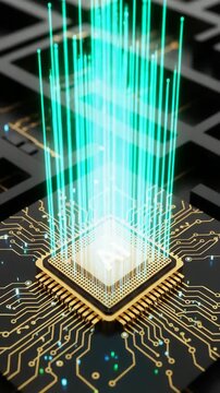 AI processor with futuristic data streams in motion for high tech innovation video