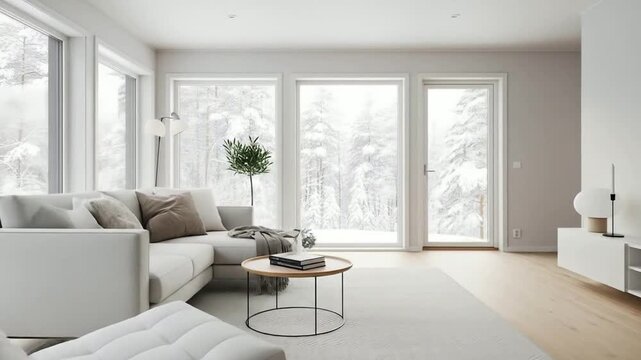 Showcasing Scandinavian Interior: Modern Living Room Overlooking Snowy Forest