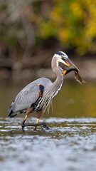 Heron with Fish in Autumnal River