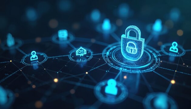 Digital illustration of cybersecurity network. Blue glowing icons of people, lock, data centers connect in mesh. Focus on resilient state security, critical infrastructure protection, public safety
