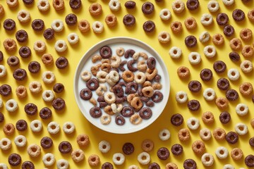 Cereal bowl on a yellow background, surrounded by ring-shaped cereal