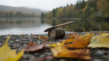 Autumn leaves and a weathered log on a pebble shore by a calm lake