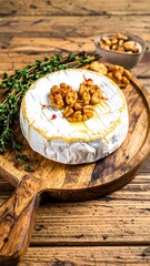 Fototapeta premium Creamy brie cheese wheel topped with toasted walnuts and honey drizzle.