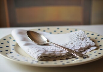 Elegant table setting with silver spoon on lace napkin and polka dot plate