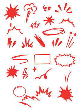 Line speed cartoon effect, boom explosive motion line element set. Comic boom burst, explosive smoke, line speed cartoon vector icon. Hand drawn sketch doodle action effect. Vector illustration