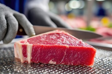 Raw steak being sliced on a metal tray.  Worker in gloves