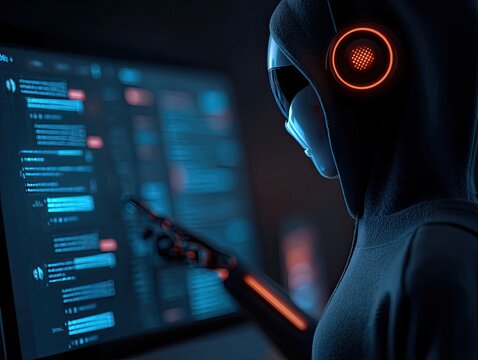 and keyword list based on the image provided, focusing on subject, action, and location as requested.
Cybernetic Figure Hacking Data on Screen in Dark Room. - Powered by Adobe