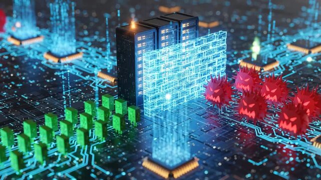 Cybersecurity firewall protecting servers from malware attack on digital circuit board network