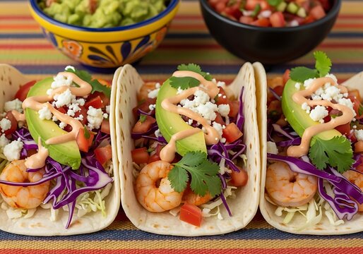 Delicious shrimp tacos with avocado and fresh toppings
