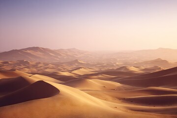 Naklejka premium Vast desert dunes at sunrise. Sunrise view of golden sand dunes stretching to distant hazy mountains