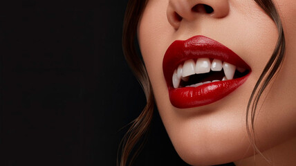 Fototapeta premium Close-up of a beautiful woman with seductive lips, bright red lipstick, and sharp vampire fangs on a black background with free space for text.