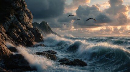 Coastal cliff with crashing waves, seagulls flying in sky, dramatic lighting over rugged shoreline, powerful ocean landscape, scenic nature background, dynamic seascape view with moody atmosphere