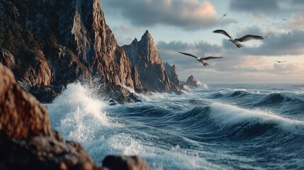 Coastal cliff with crashing waves, seagulls flying in sky, dramatic lighting over rugged shoreline, powerful ocean landscape, scenic nature background, dynamic seascape view with moody atmosphere