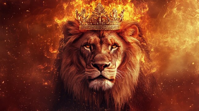 Majestic lion king with golden crown on fiery background symbolizing strength and power, regal lion of judah illustration for inspirational art, spiritual concepts, and bold animal wallpaper design