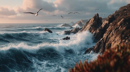 Coastal cliff with crashing waves, seagulls flying in sky, dramatic lighting over rugged shoreline, powerful ocean landscape, scenic nature background, dynamic seascape view with moody atmosphere