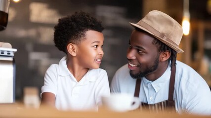 Father and son smiling together cozy cafe, joyful bonding moment as man and boy enjoy coffee cup, child and family sharing warm atmosphere, relaxed and happy modern coffee shop, smiles and connection - Powered by Adobe